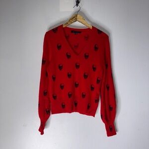 Skull Cashmere Red V Neck Balloon Sleeve Black Skulls Cashmere Sweater Small